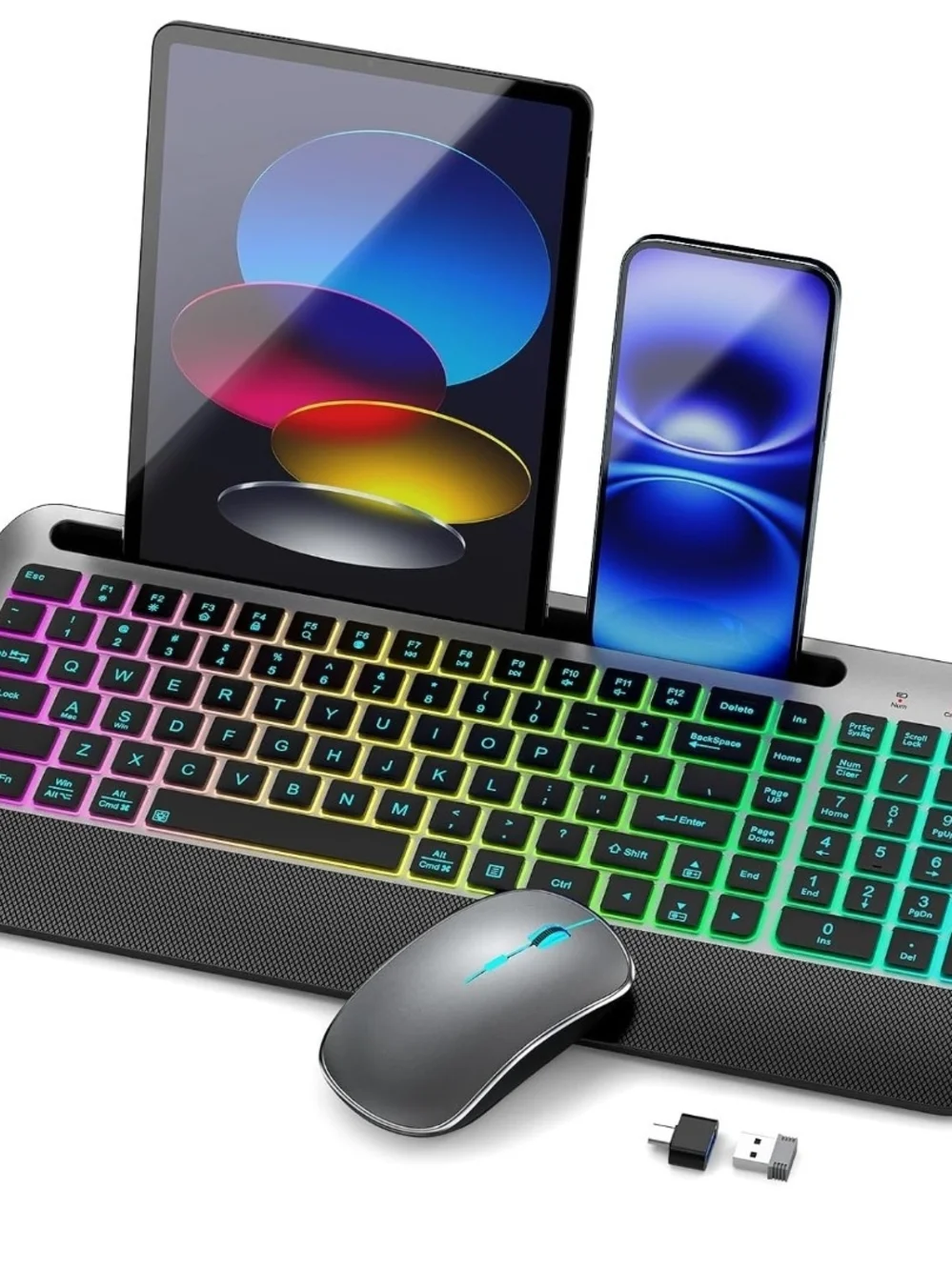 JOYACCESS RGB Wireless Keyboard Mouse Combo Silent Rechargeable USB-C Gray